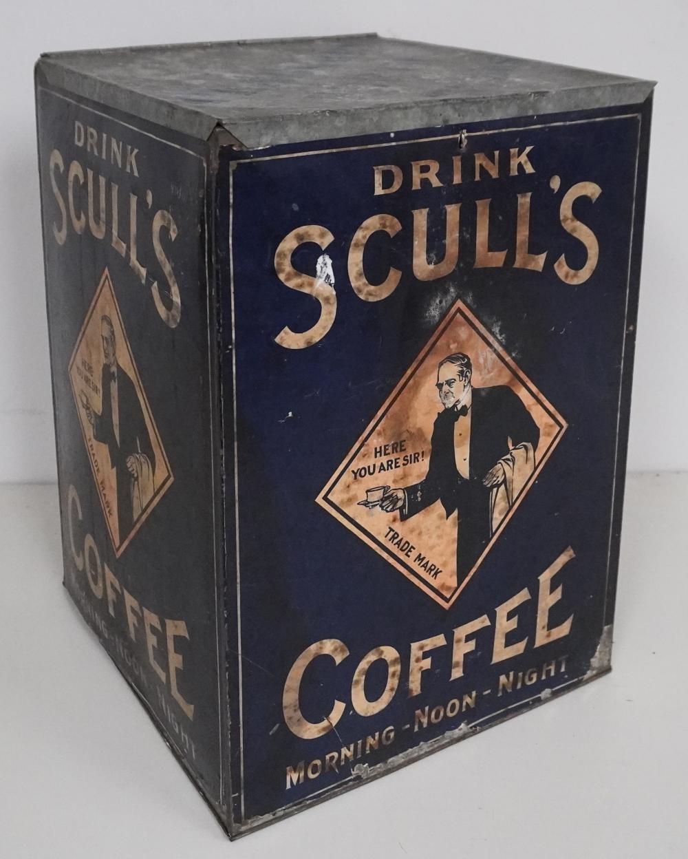 LARGE SCULL'S COFFEE TIN, H: 19 1/2