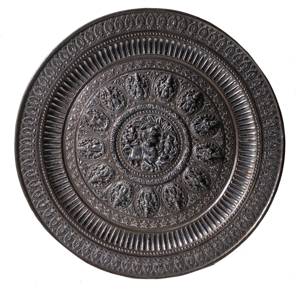LARGE SILVER CLAD HEAVY COPPER TRAY
