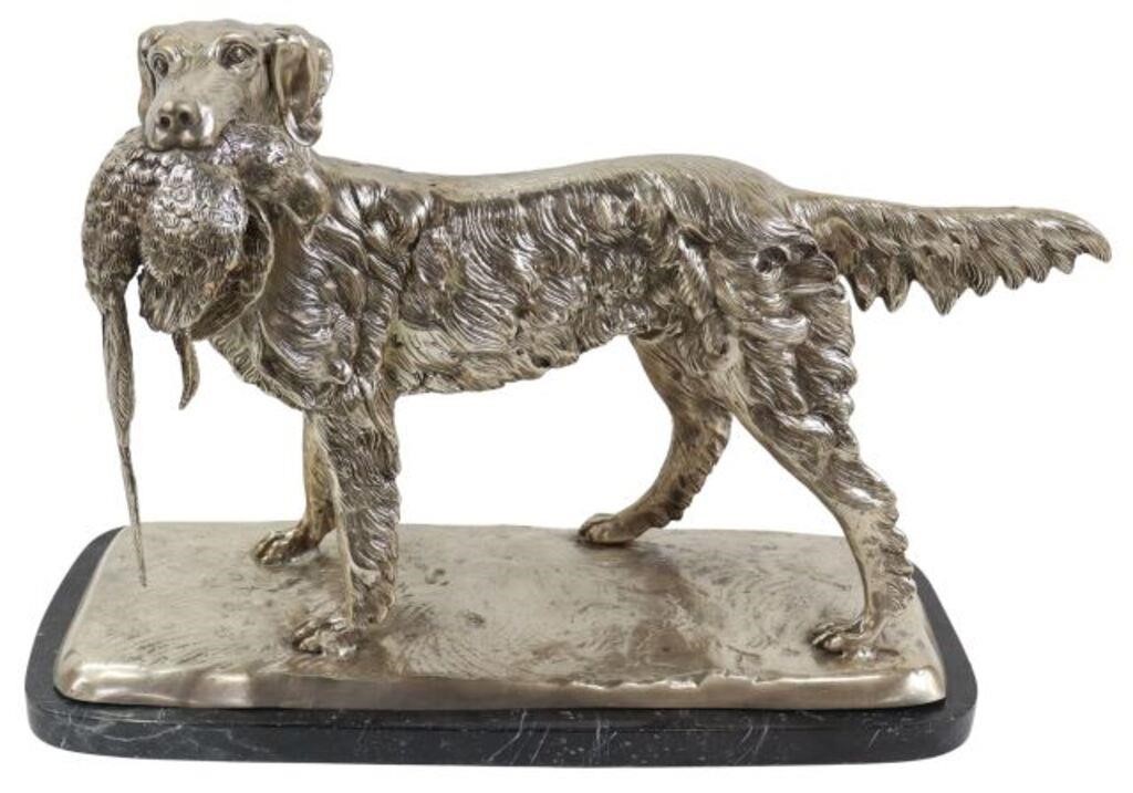 LARGE SILVERED BRONZE HUNTING DOG &