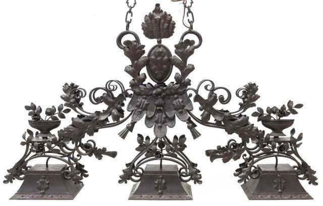 LARGE THREE-LIGHT IRON BILLIARDS