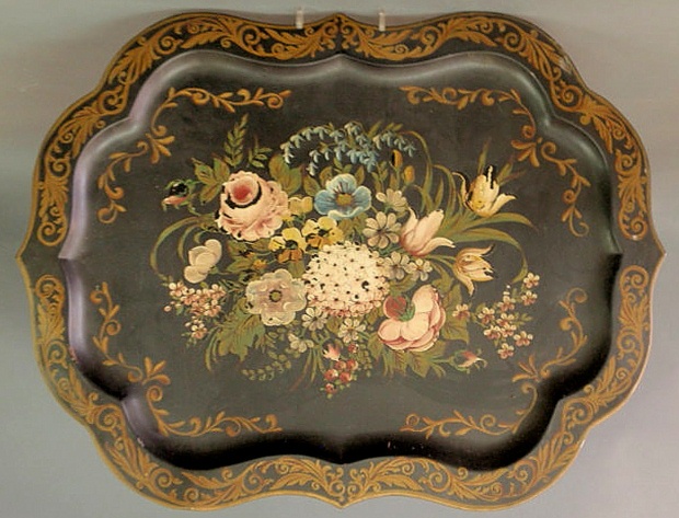 Large Tole decorated tray with hand