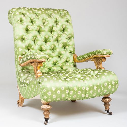 LARGE VICTORIAN GILTWOOD AND TUFTED