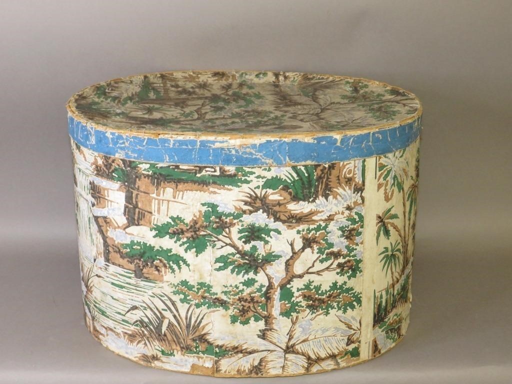 LARGE WALLPAPER HAT BOX OF "MRS. F.