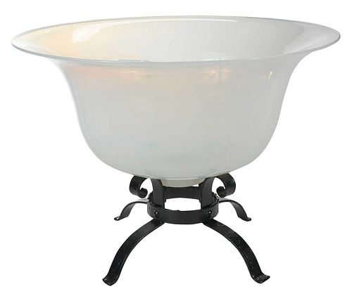 LARGE WHITE GLASS BOWL ON WROUGHT