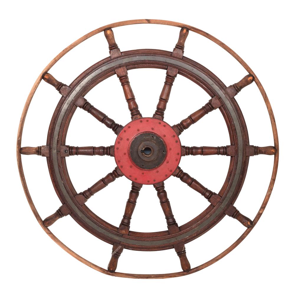 LARGE WOOD AND IRON SHIP'S WHEEL