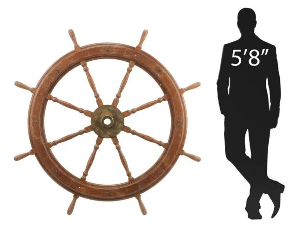 LARGE WOOD & BRASS SHIPS WHEEL,