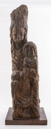 LARGE WOODEN FIGURE OF GUANYIN