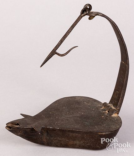 LARGE WROUGHT IRON FAT LAMP, 19TH
