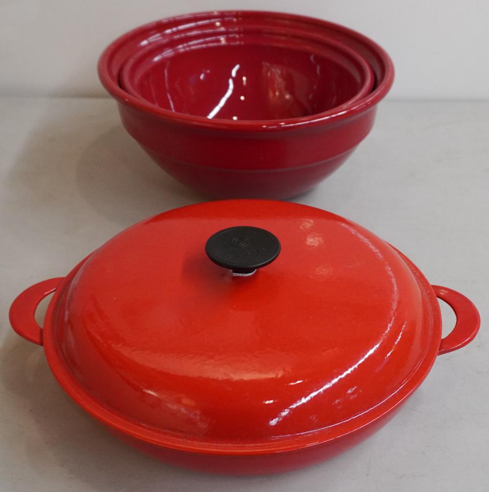 LE CREUSET LIDDED CASSEROLE AND TWO