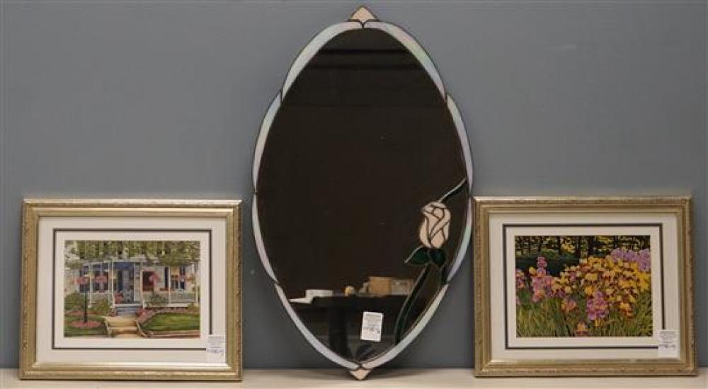 LEADED GLASS MIRROR AND TWO
