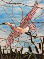 LEADED GLASS PANEL, CRANE IN F