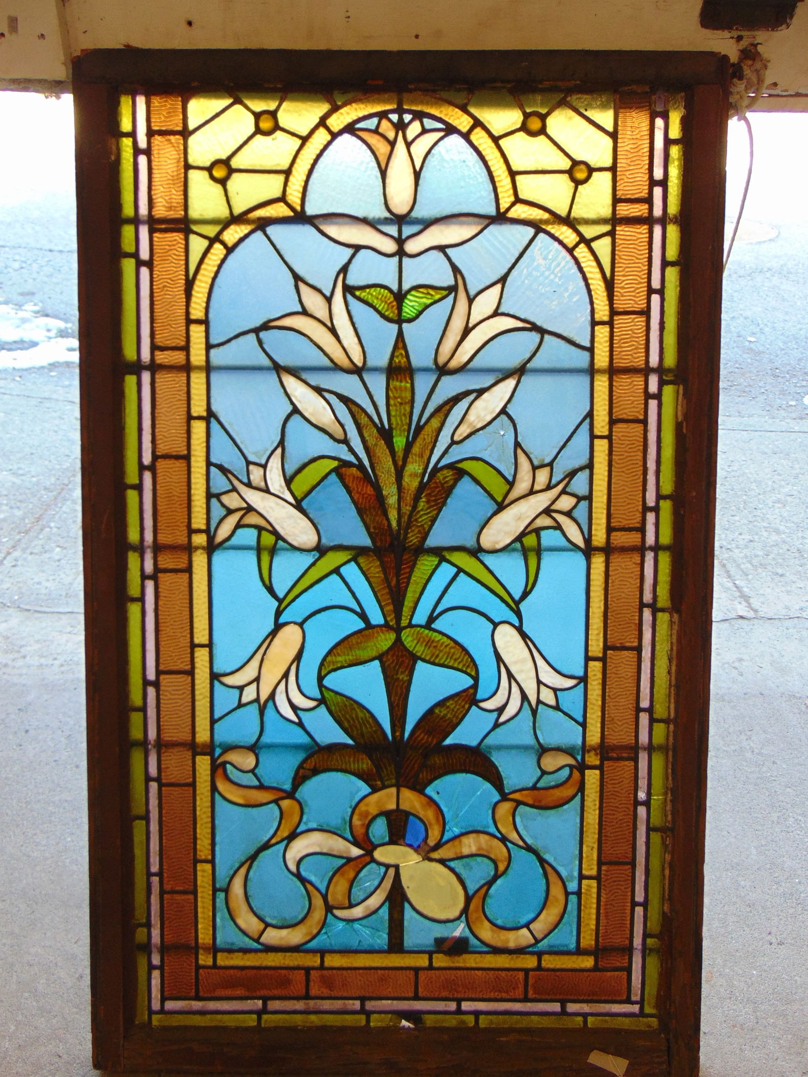 LEADED GLASS WINDOW, FLORAL &