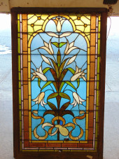LEADED GLASS WINDOW, FLORAL &