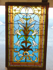 LEADED GLASS WINDOW, FLORAL &