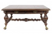 LEATHER-TOP CARVED WALNUT LIBR
