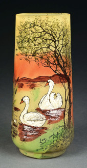 LEGRAS ENAMELED SWAN SCENE VAS