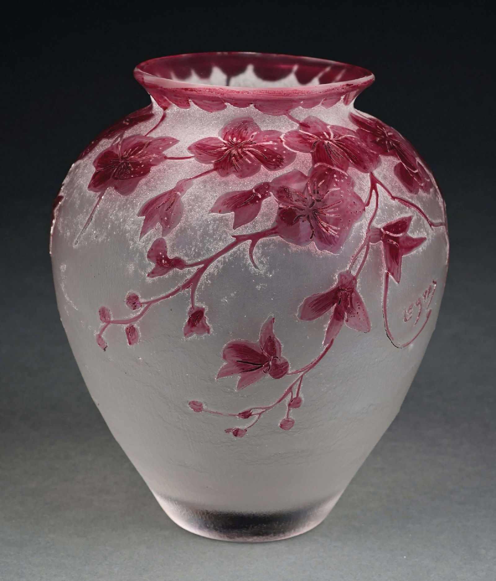 LEGRAS FROSTED GLASS VASE W/ PURPLE