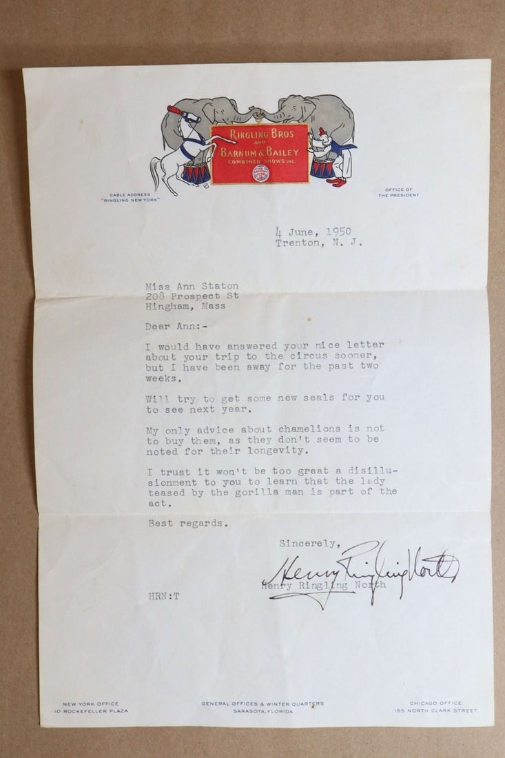 LETTER FROM HENRY RINGLING NORTH ON
