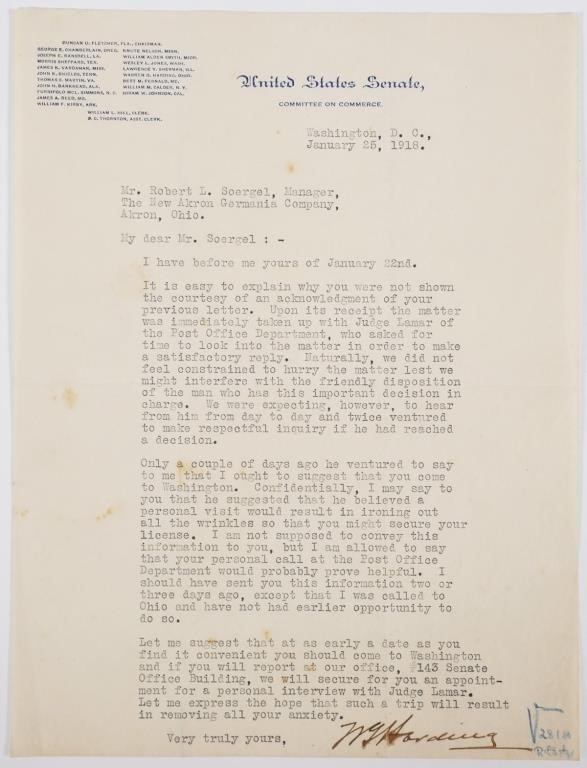 LETTER SIGNED BY WARREN G.