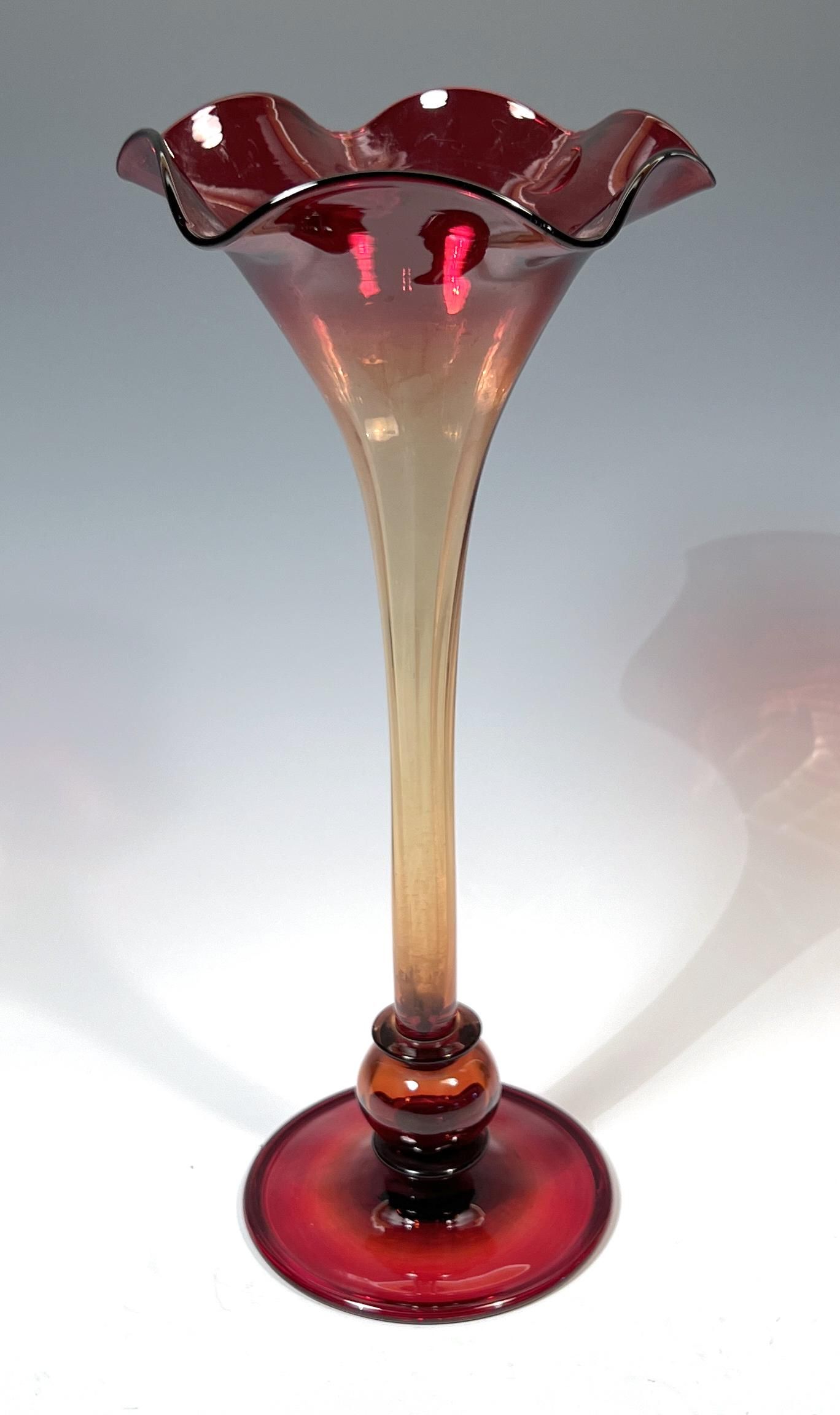 LIBBEY AMBERINA GLASS TRUMPET VASE.