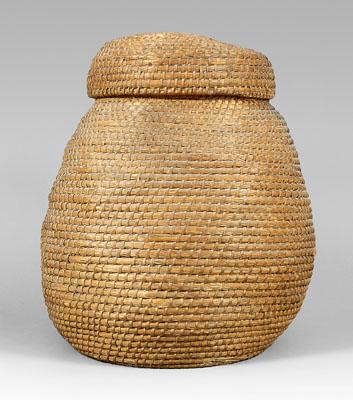 Lidded coiled rye basket, fitted