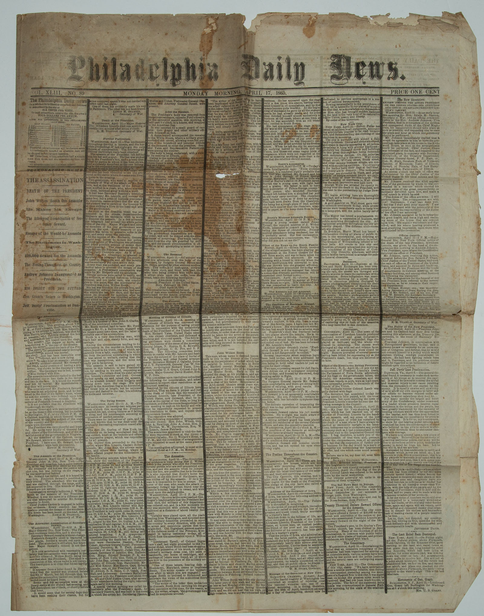 LINCOLN ASSASSINATION NEWSPAPER,
