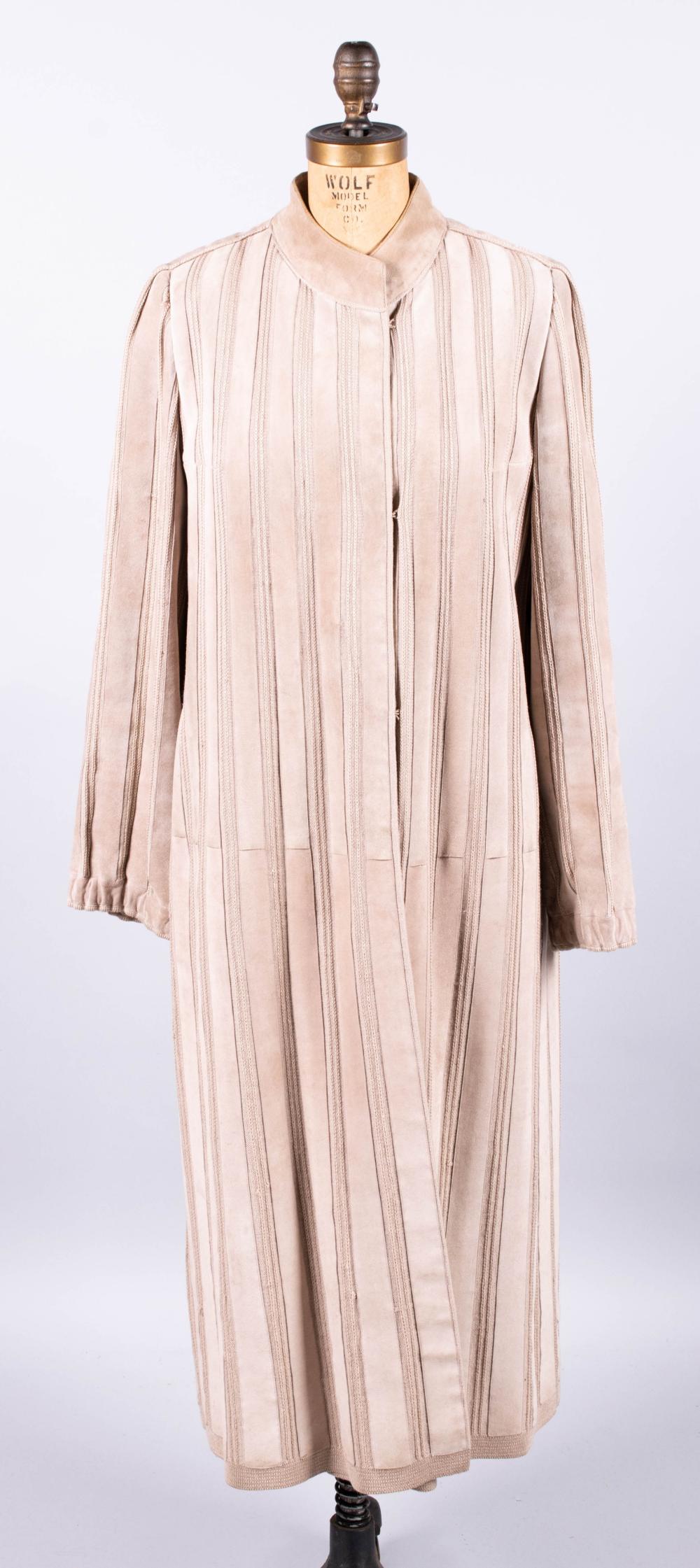 LOEWE, BROWN STRIPED SUEDE OVERCOAT