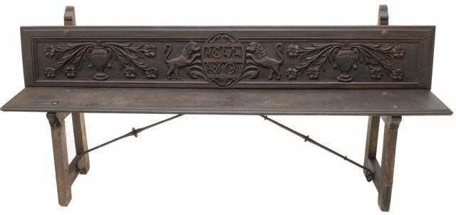 LONG BENCH W/ CARVED HERALDIC