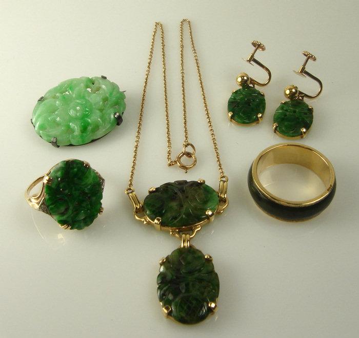 Lot 14K YG & jade jewelry including