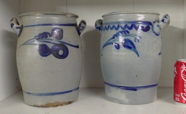 Lot 2 decorated stoneware crocks.