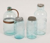 Lot 4 blue bottles, 2 Masons "
