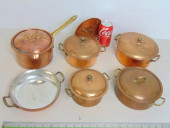 LOT 6 COPPER POTS & PANS WITH