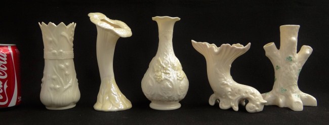 Lot five Irish Belleek vases
