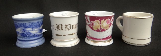 Lot four painted shaving mugs (3