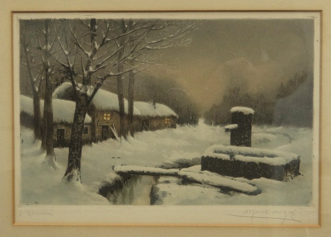 Lot including etching cows signed