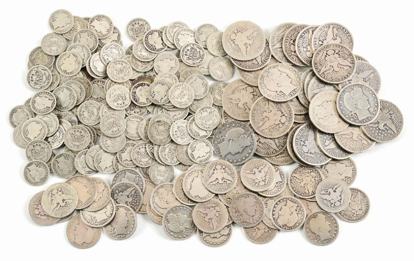 LOT OF 157 BARBER DIMES, 36