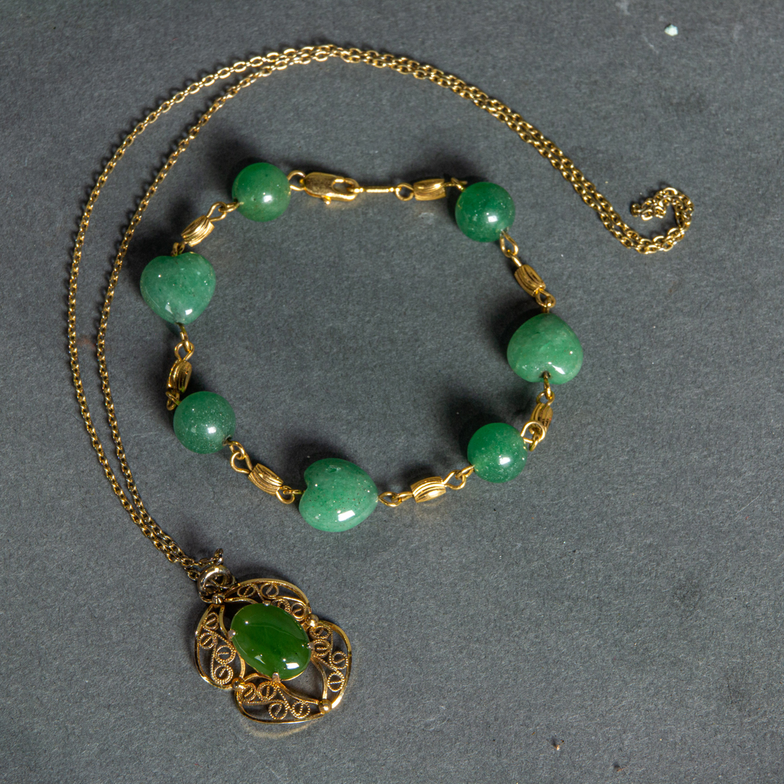 (LOT OF 2) JADE AND GOLD JEWELRY