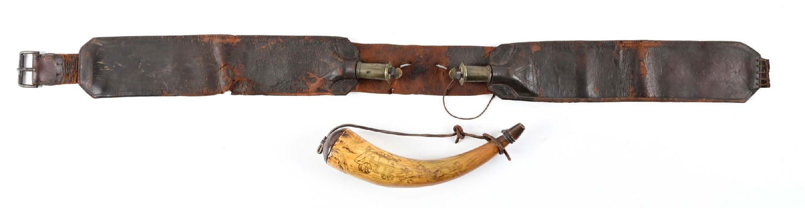 LOT OF 2 POUCH FLASKS BELT AND HORN