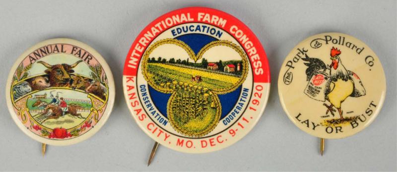 Lot of 3: Assorted Pinback Buttons.