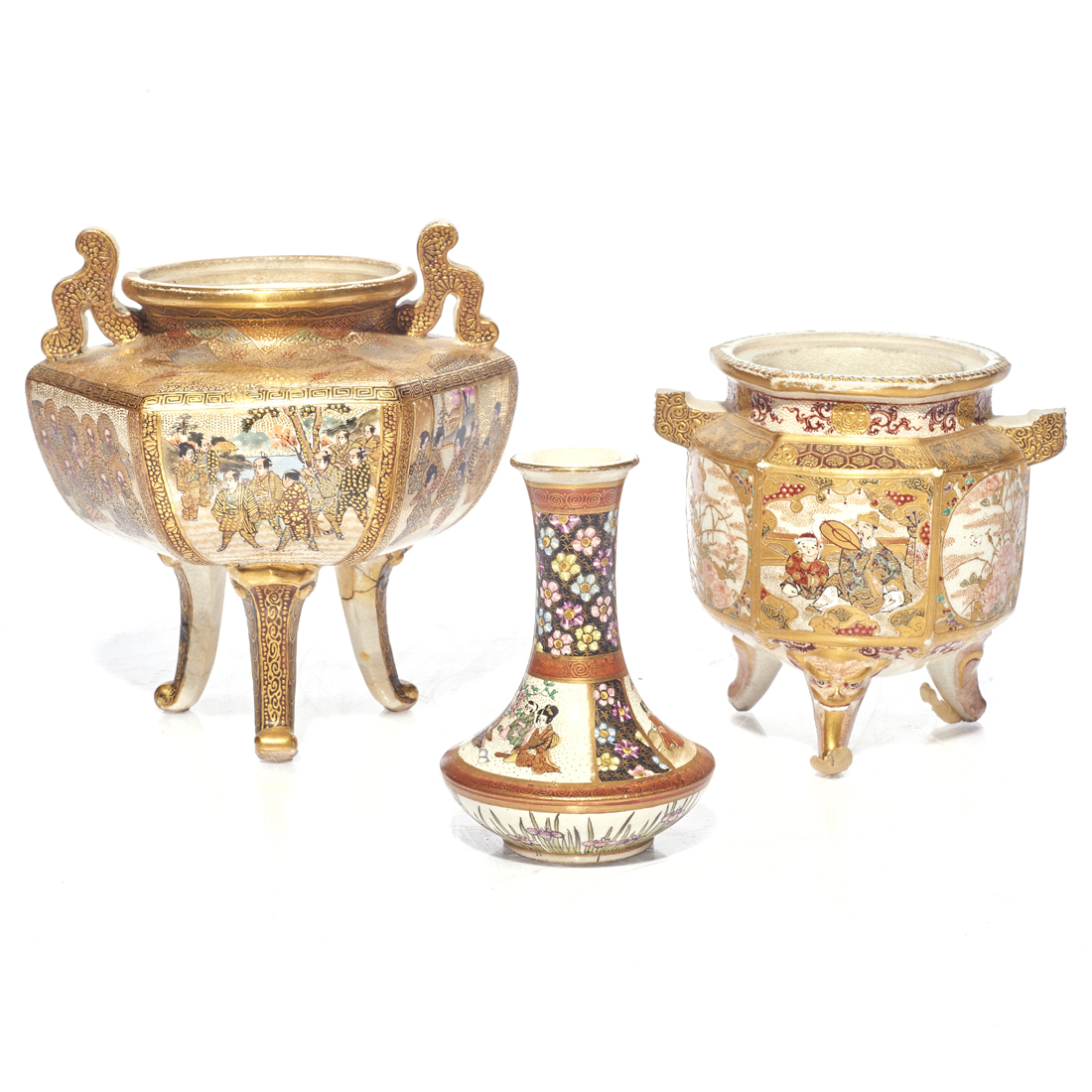 (LOT OF 3) JAPANESE SATSUMA VESSELS