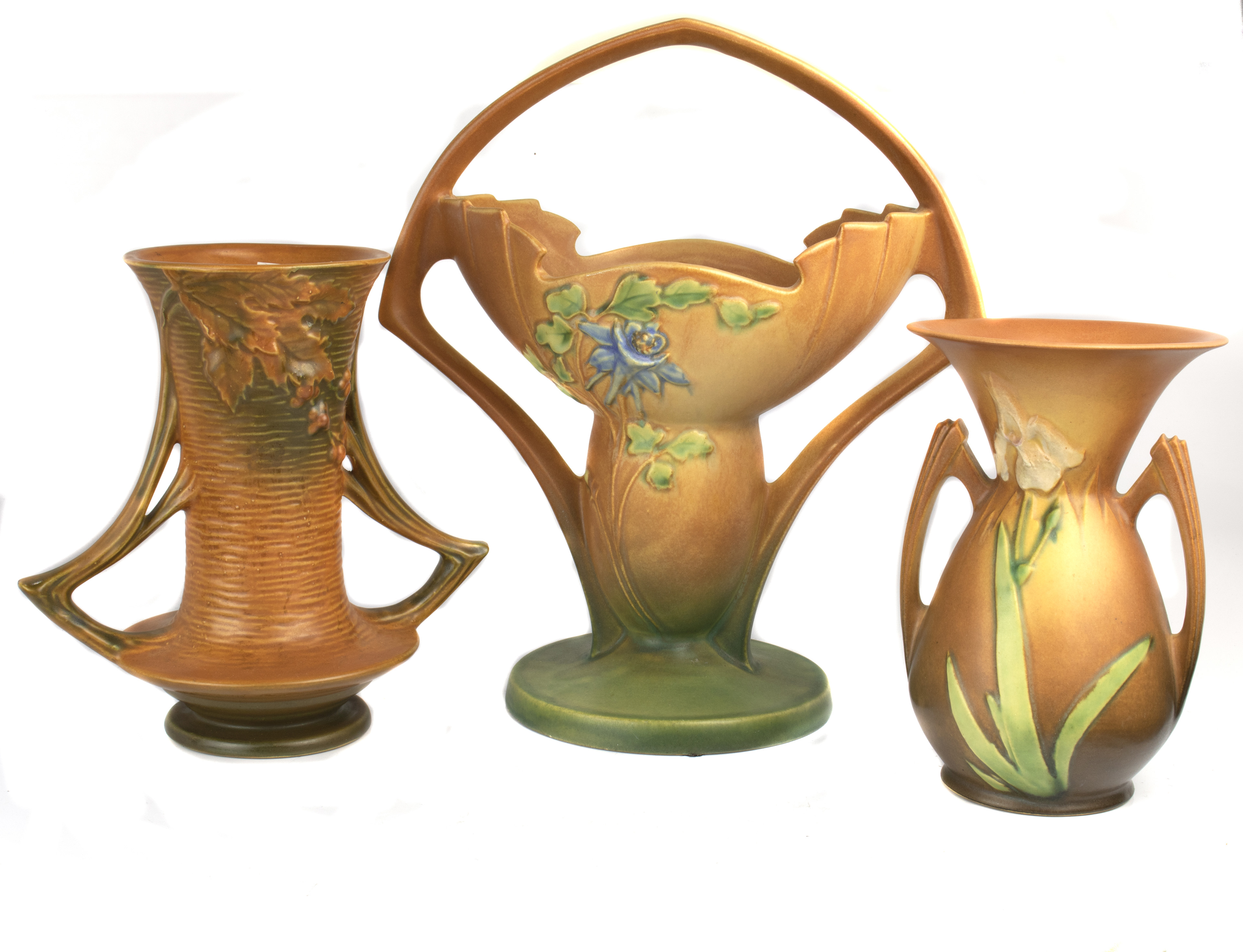 (LOT OF 3) ROSEVILLE IRIS VASES: