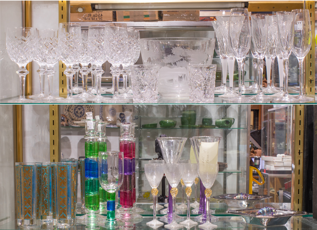 (LOT OF 31) TWO SHELVES OF GLASS