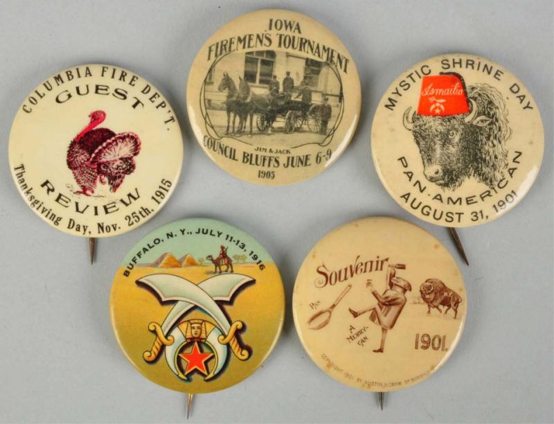 Lot of 5: Assorted Pinback Buttons.