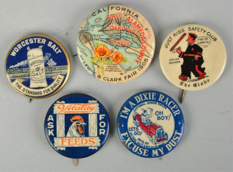 Lot of 5: Assorted Pinback Buttons.
