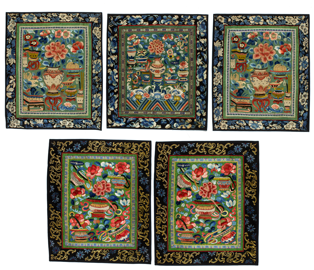(LOT OF 5) CHINESE EMBROIDERED SILK