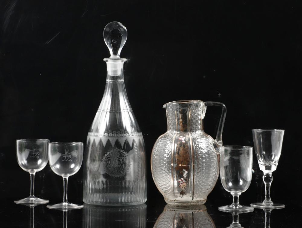 LOT OF 5 GLASSWARE: ETCHED