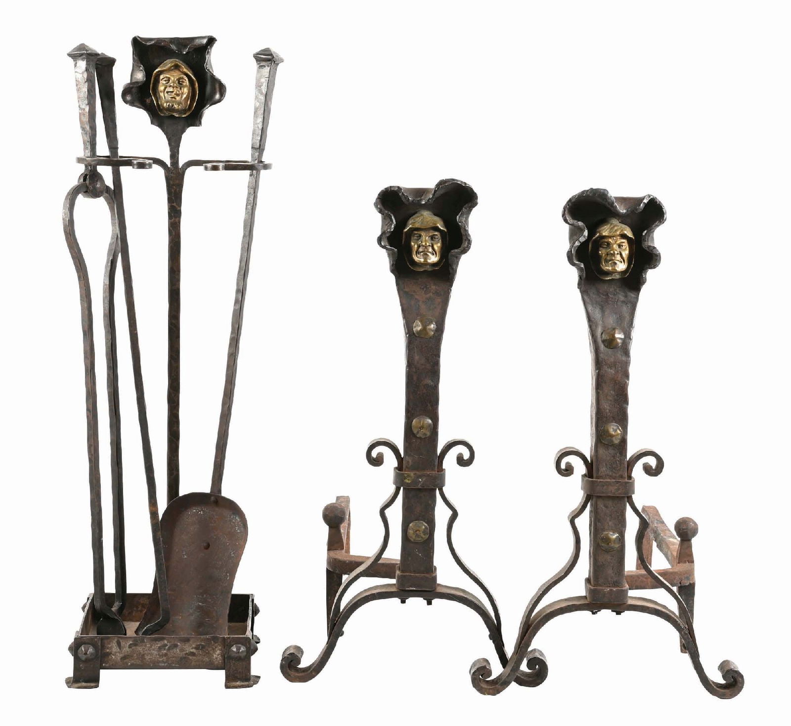 LOT OF 6: CAST IRON ANDIRONS AND