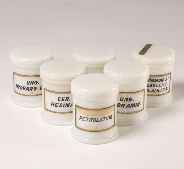 Lot of 6 milk glass ointment jars