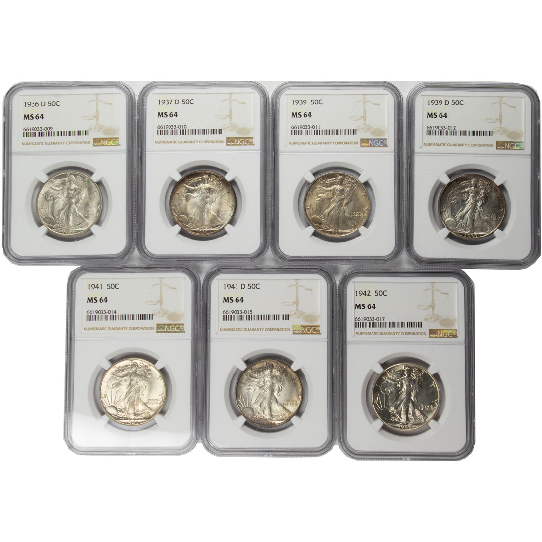 (LOT OF 6) WALKING LIBERTY, ALL NGC