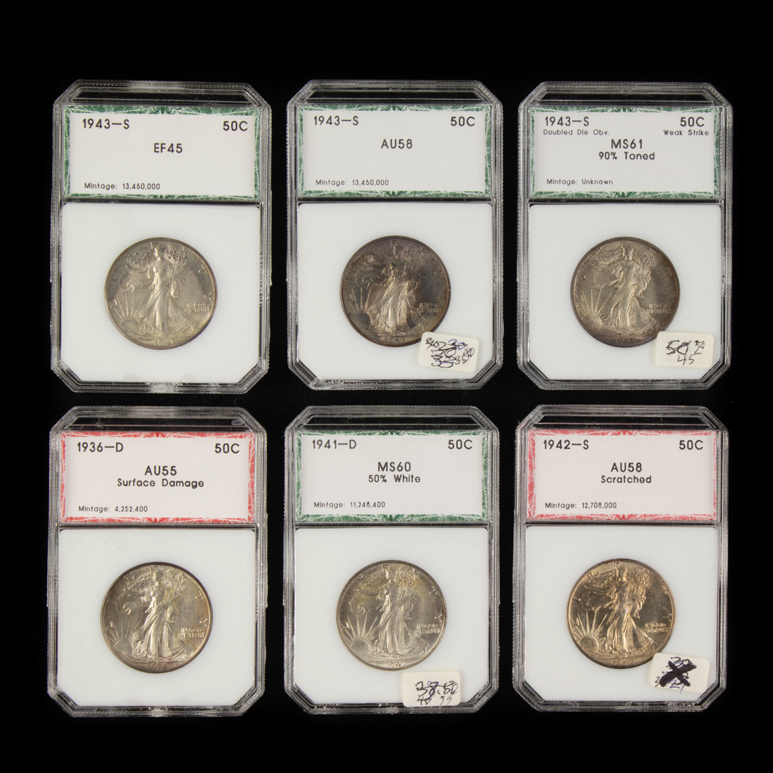 (LOT OF 6) WALKING LIBERTY HALF
